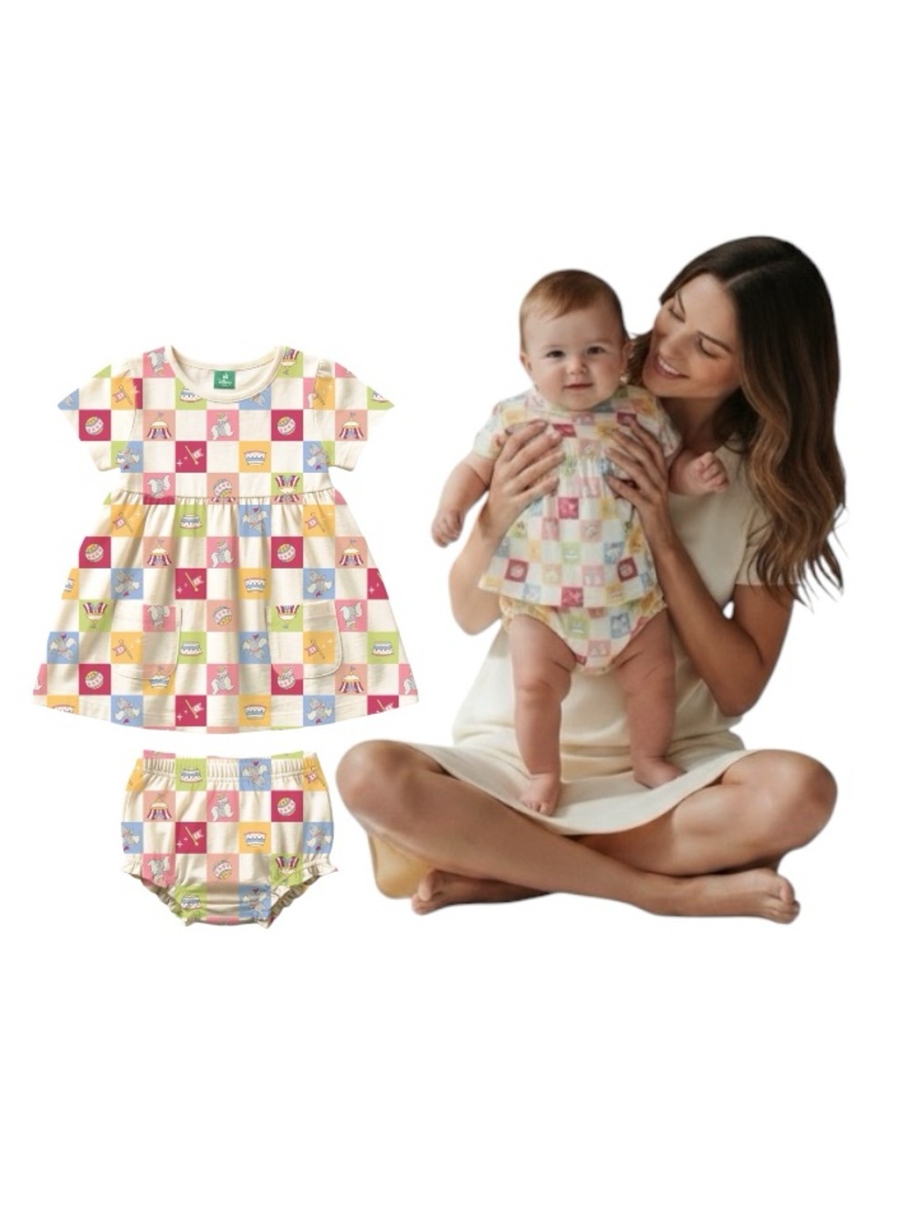 Disney Dumbo Pastel Checkerboard Baby Dress & Bloomers Set - Pink, Yellow, Blue